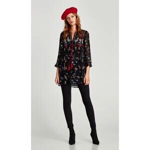 Zara Women's Mini Dress Tunic Embroidered Floral Pom Pom Tassel Boho Peasant S